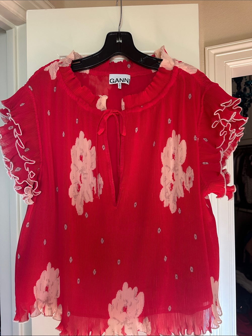 Ganni Red Floral Tie-Front Ruffle Sleeve Blouse